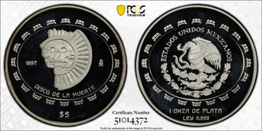1997-Mo 5 Peso Disco de la Muerte KM-619  Ag PR66DCAM