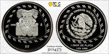 1998-Mo 5 Peso Quetzalcoatl KM-665  Ag PR69DCAM