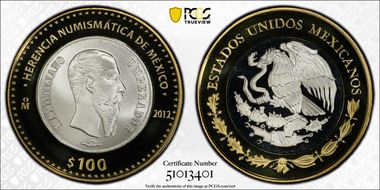 2012-Mo 100 P 1866-Mo 1 Peso Numismatic Heritage PL69