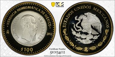 2012-Mo 100 P 1866-Mo 1 Peso Numismatic Heritage PL69