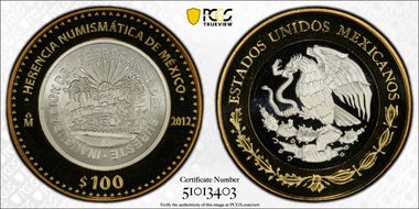 2012-Mo 100 P 1950-Mo 5 Peso Numismatic Heritage PL70