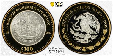 2012-Mo 100 P 1950-Mo 5 Peso Numismatic Heritage PL69