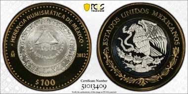 2012-Mo 100 P Zacatecas Provisional 8R Numismatic Heritage PL70