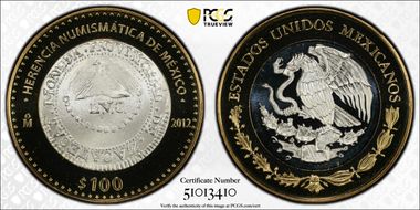 2012-Mo 100 P Zacatecas Provisional 8R Numismatic Heritage PL70