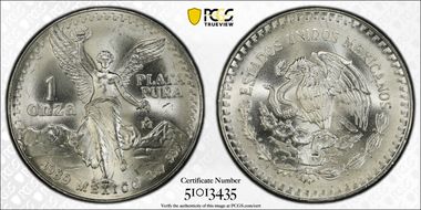 1989-Mo Onza Libertad Ag w/o Dot before 999 MS66