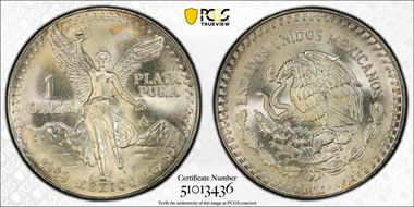 1989-Mo Onza Libertad Ag w/o Dot before 999 MS67