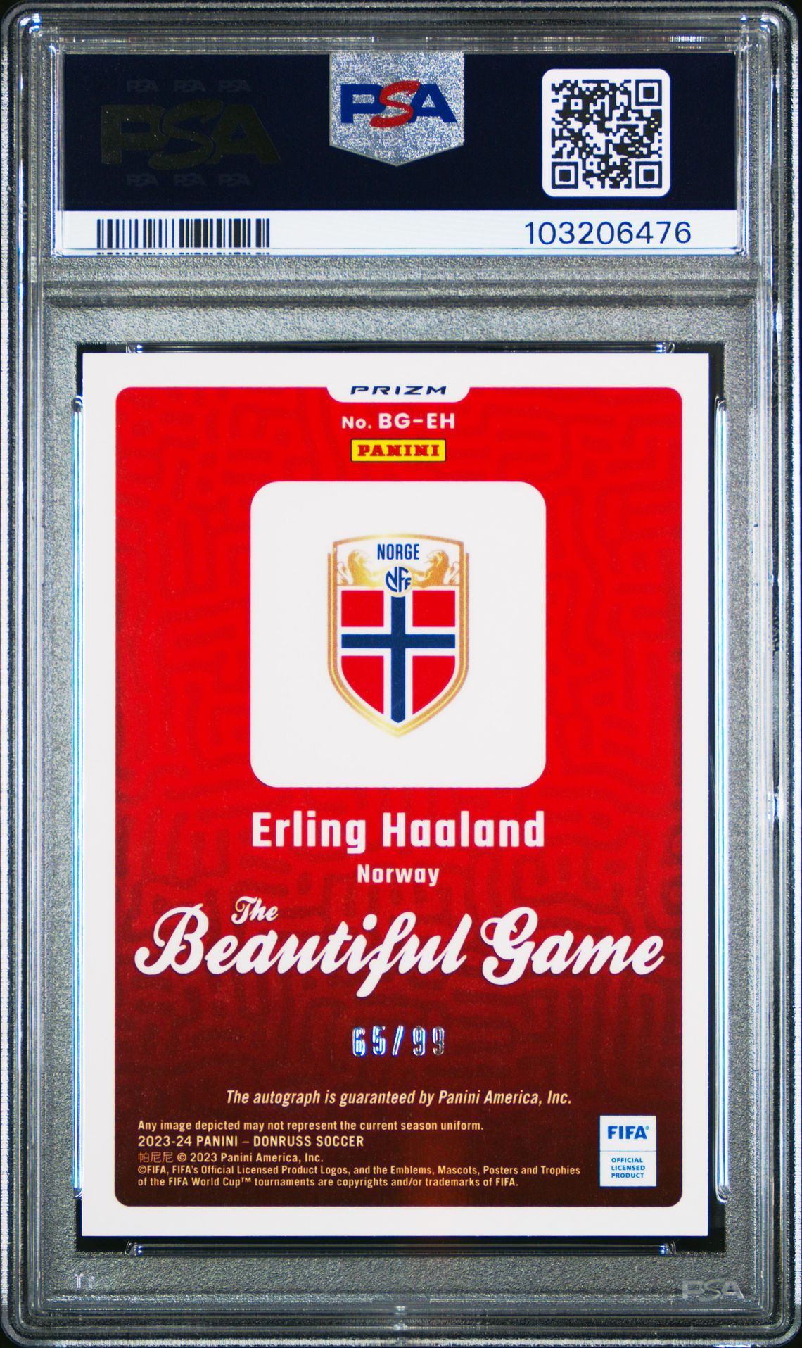 2023-24 Panini Donruss Fifa The Beautiful Game Autographs Erling Haaland #Bgeh (Beautiful Game Auto-Blue) Mint 9 back