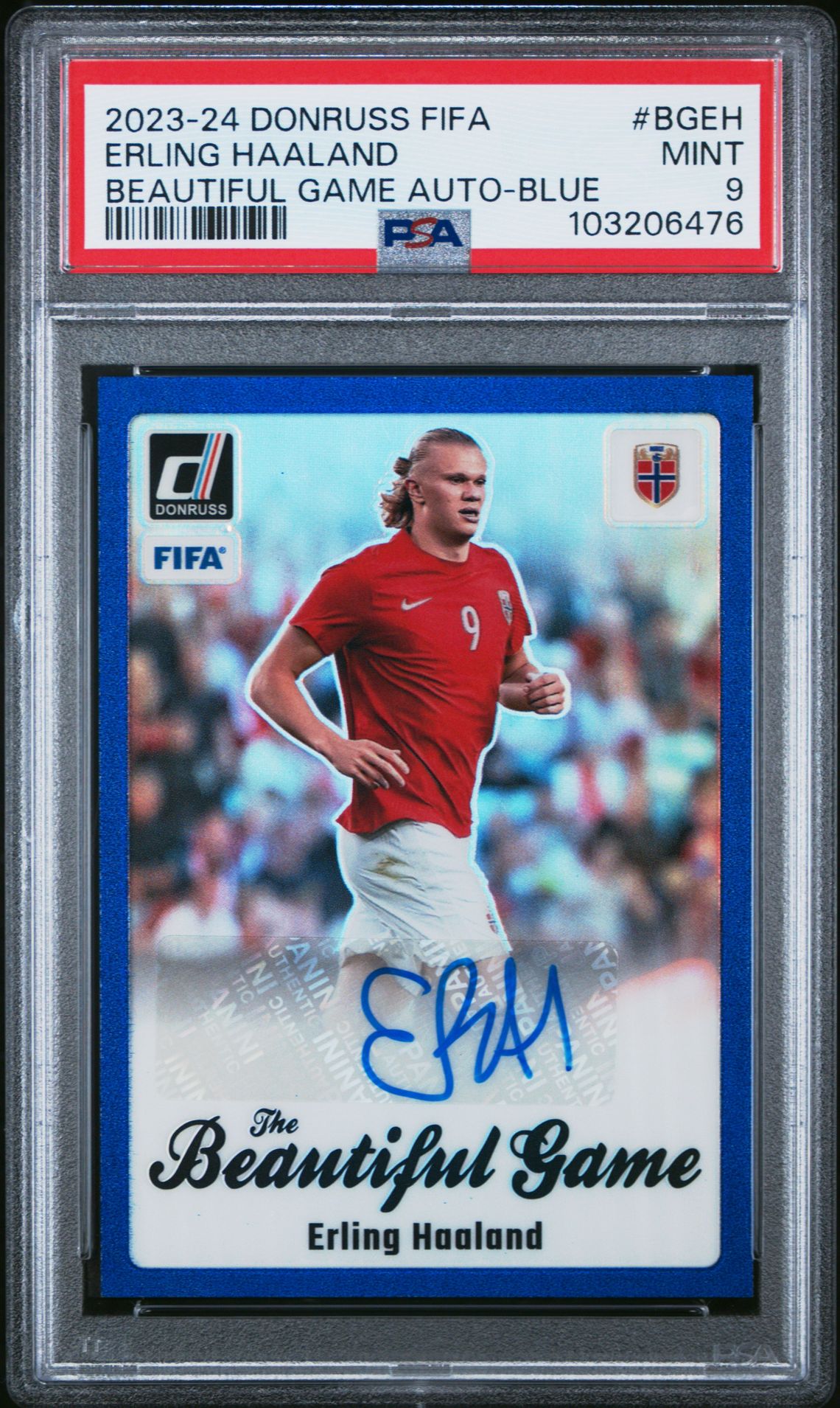 2023-24 Panini Donruss Fifa The Beautiful Game Autographs Erling Haaland #Bgeh (Beautiful Game Auto-Blue) Mint 9 front