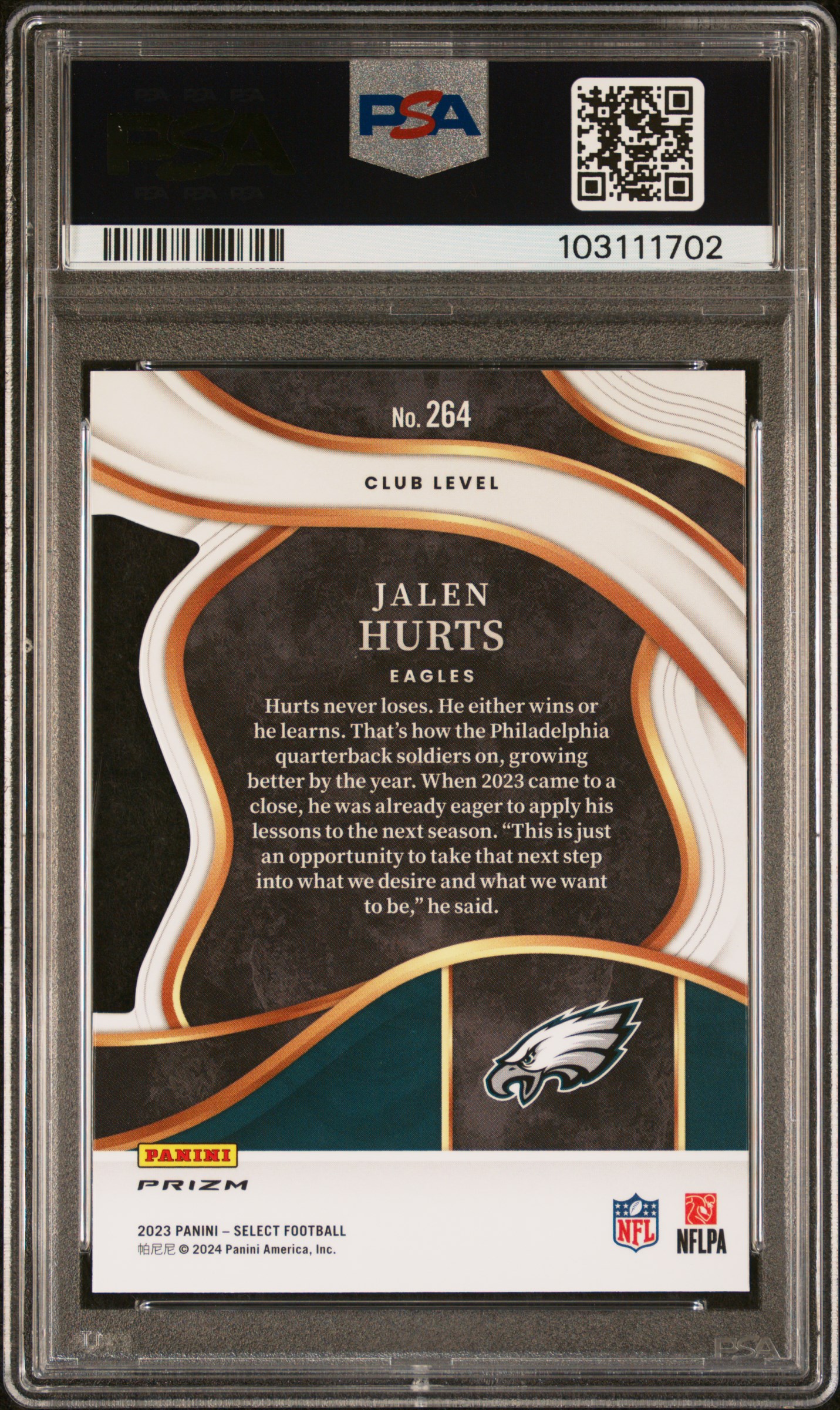 2023 Panini Select Jalen Hurts #264 (Die-Cut Black & Green Prizm) Gem Mt 10 back