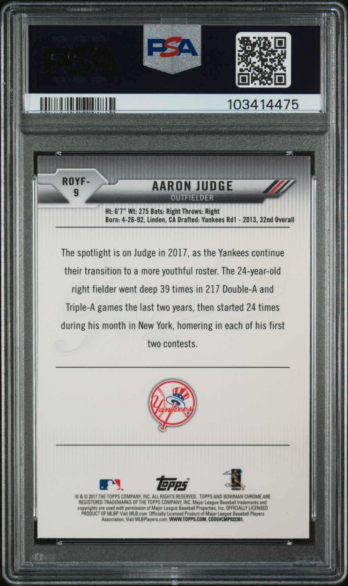 2017 Bowman Rookie Of The Year Roy Favorites Aaron Judge #9 (R.o.y. Favorites) Gem Mt 10 back