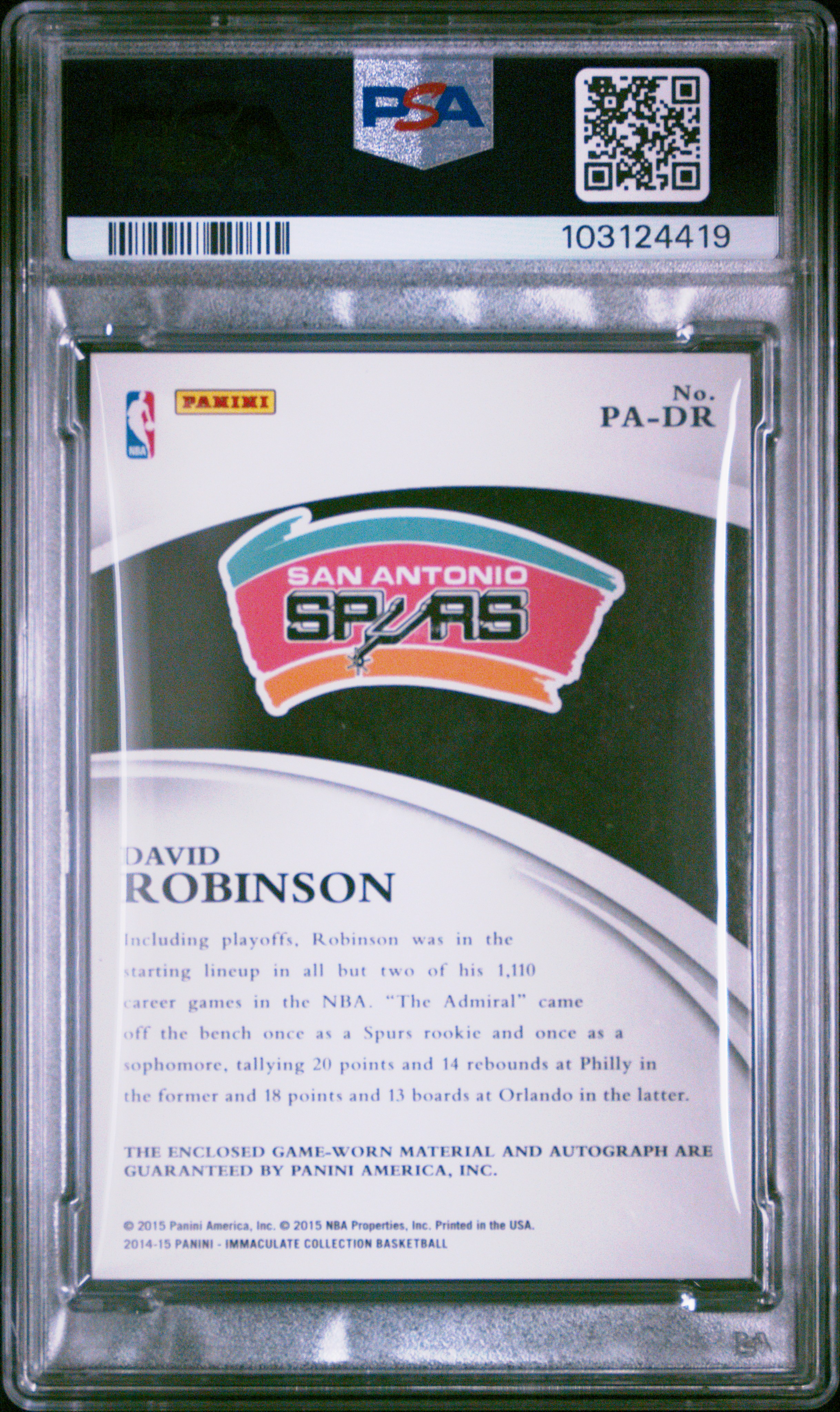 2014 Panini Immaculate Collection Patch Autograph David Robinson #Pa-Dr (Patch Autograph) Nm-Mt 8 back