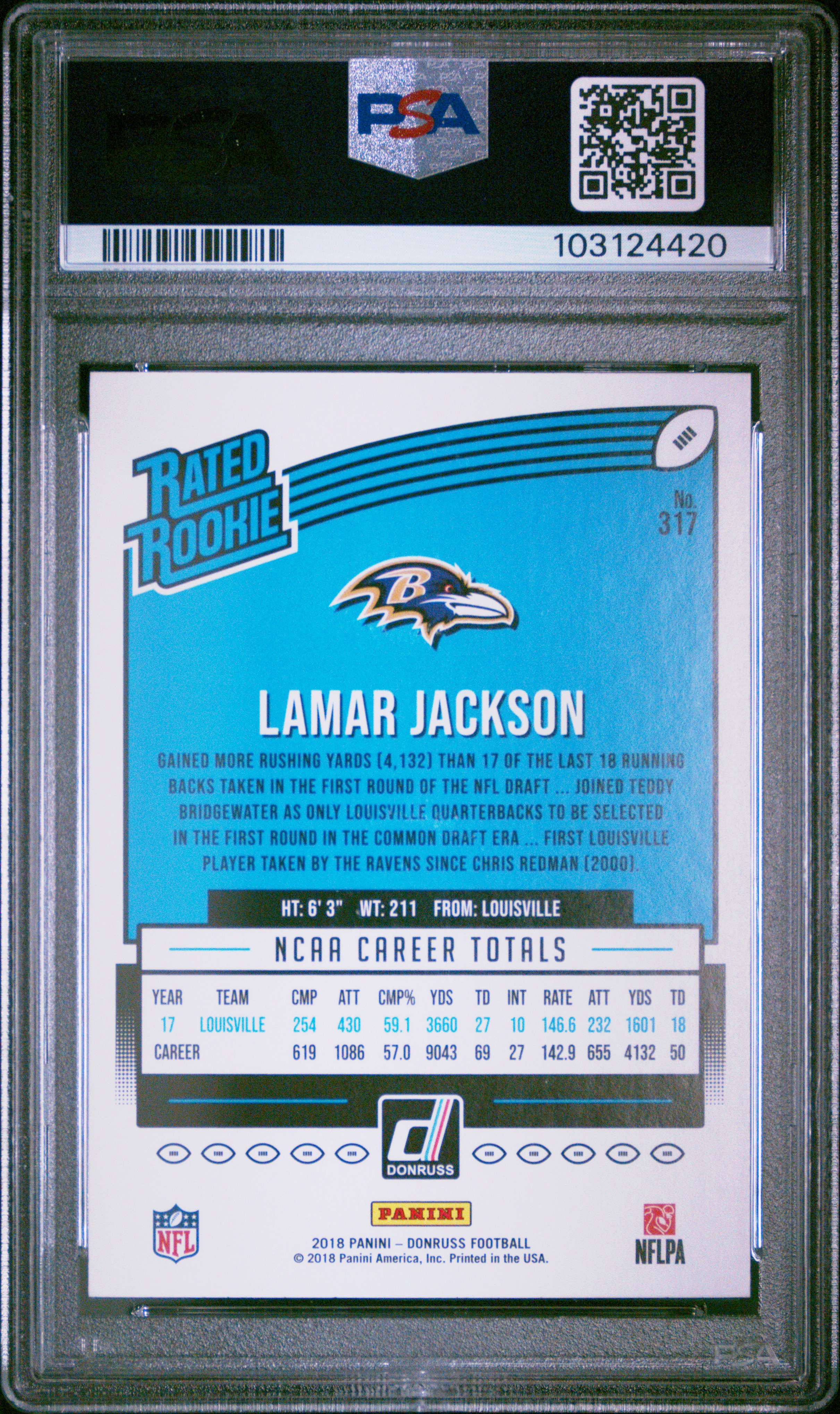 2018 Panini Donruss Lamar Jackson #317 Gem Mt 10 back