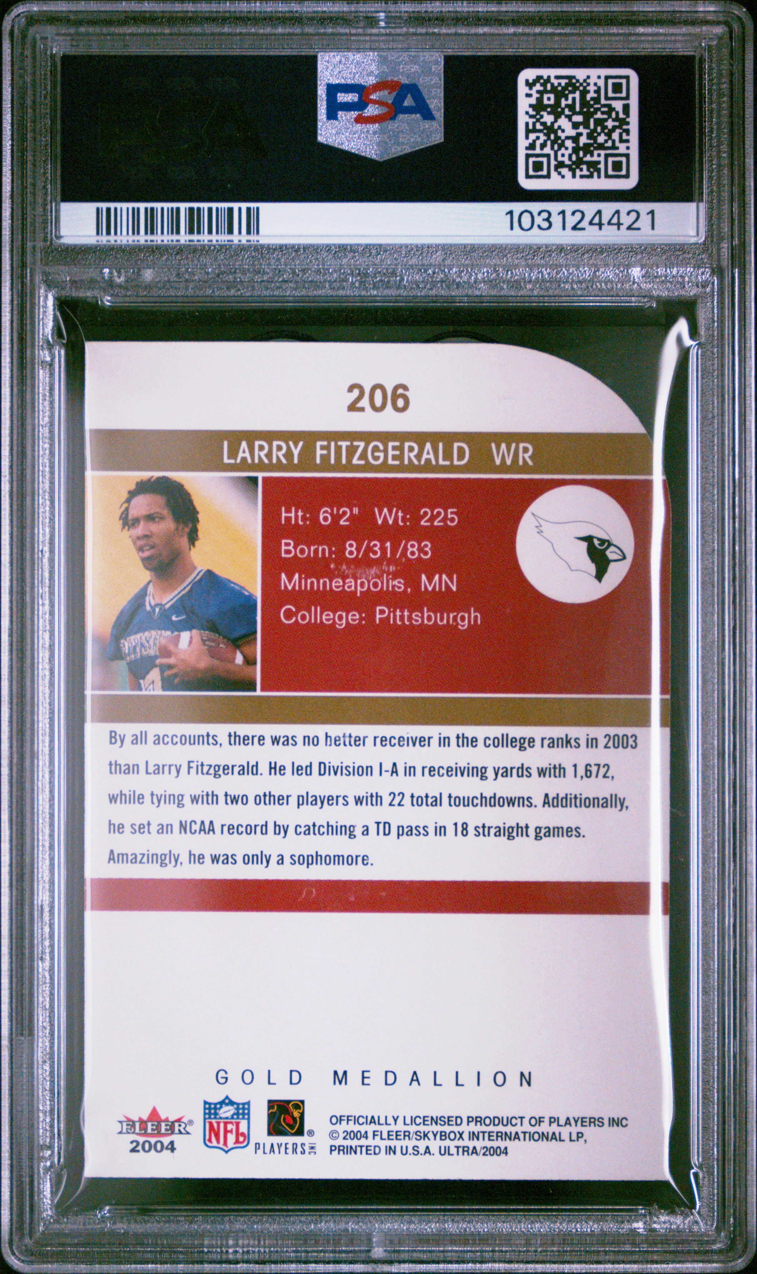 2004 Ultra Larry Fitzgerald #206 (Gold Medallion) Mint 9 back