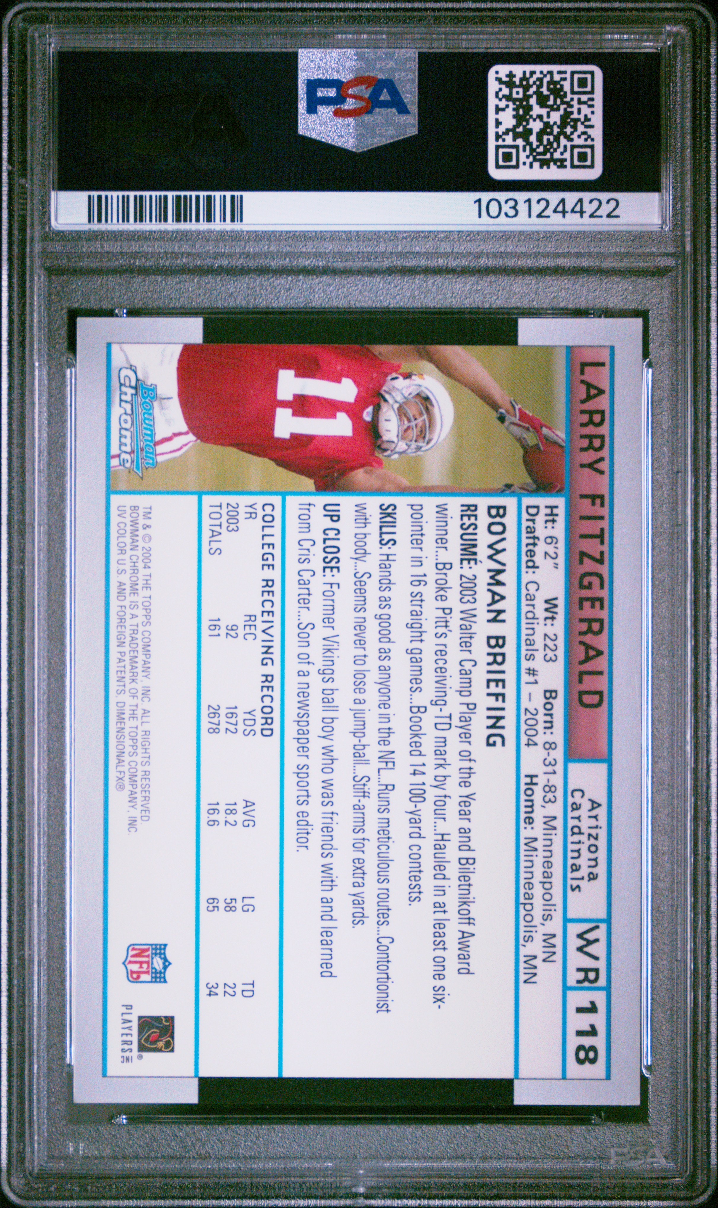 2004 Bowman Chrome Larry Fitzgerald #118 Gem Mt 10 back