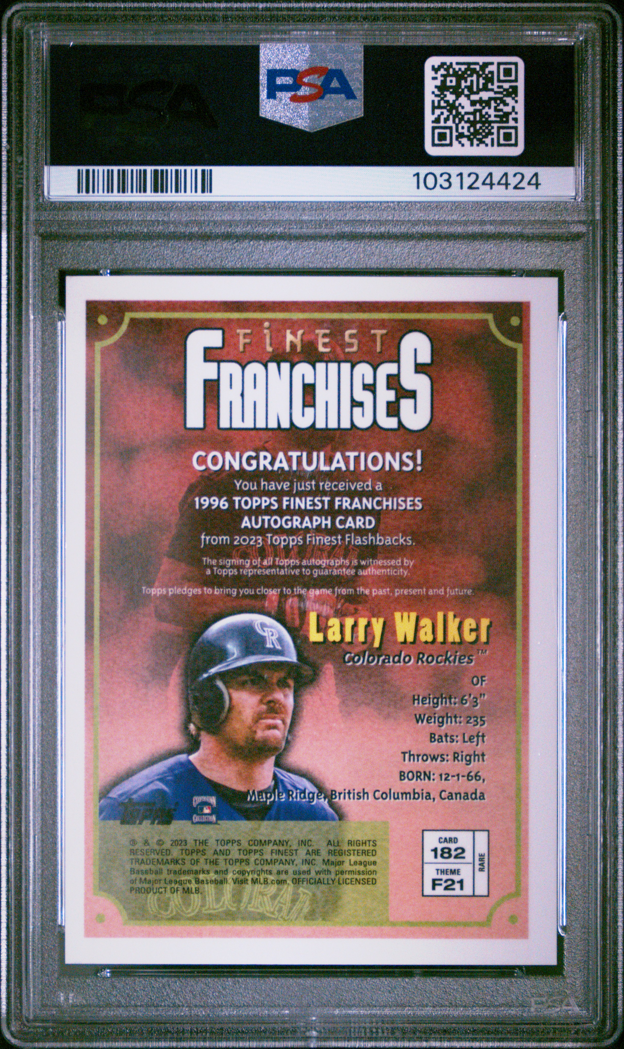 2023 Topps Finest Flashbacks Larry Walker #182 (Autograph) Gem Mt 10 back