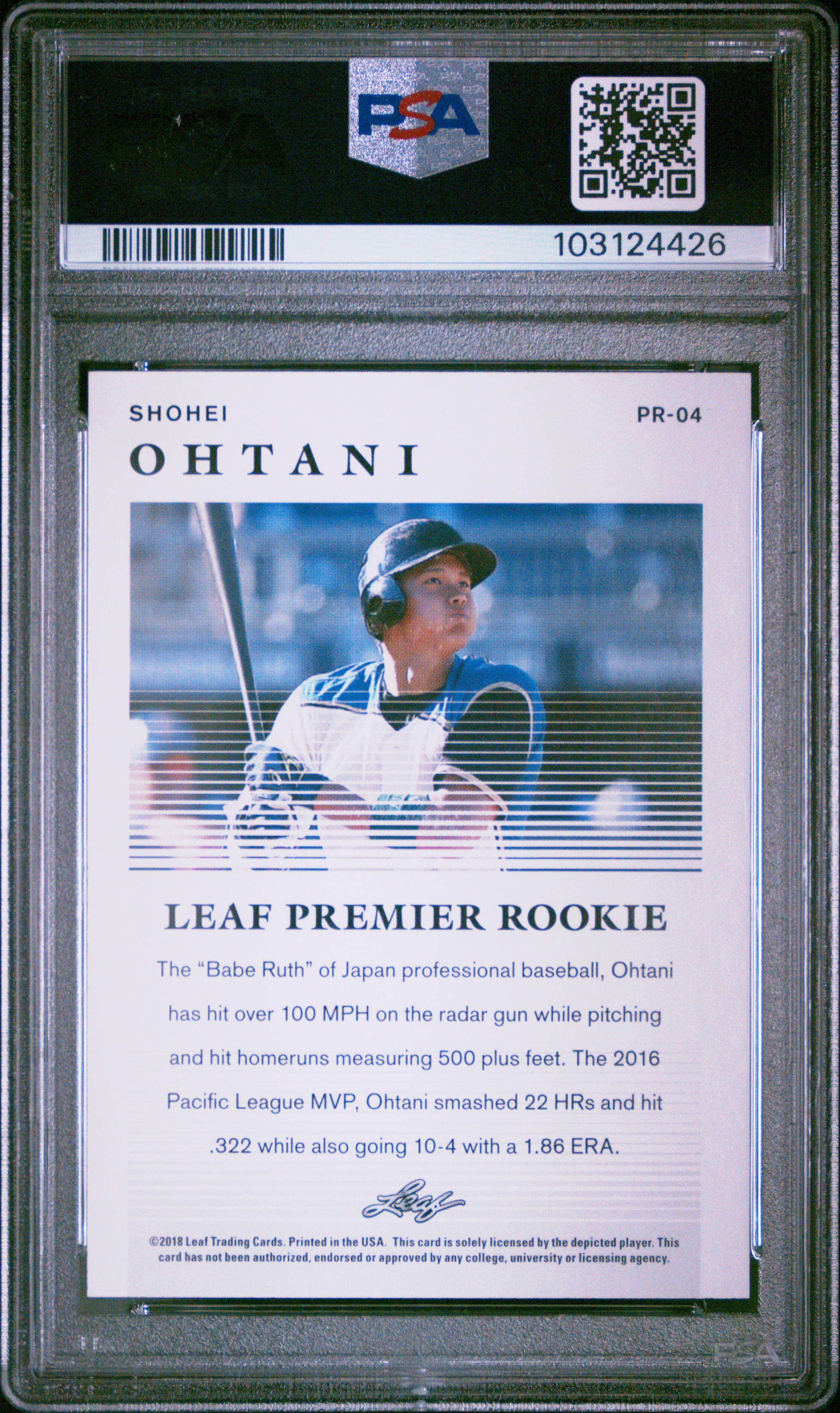2018 Leaf Premier Rookies Shohei Ohtani #Pr-04 (Premier Rookies) Gem Mt 10 back