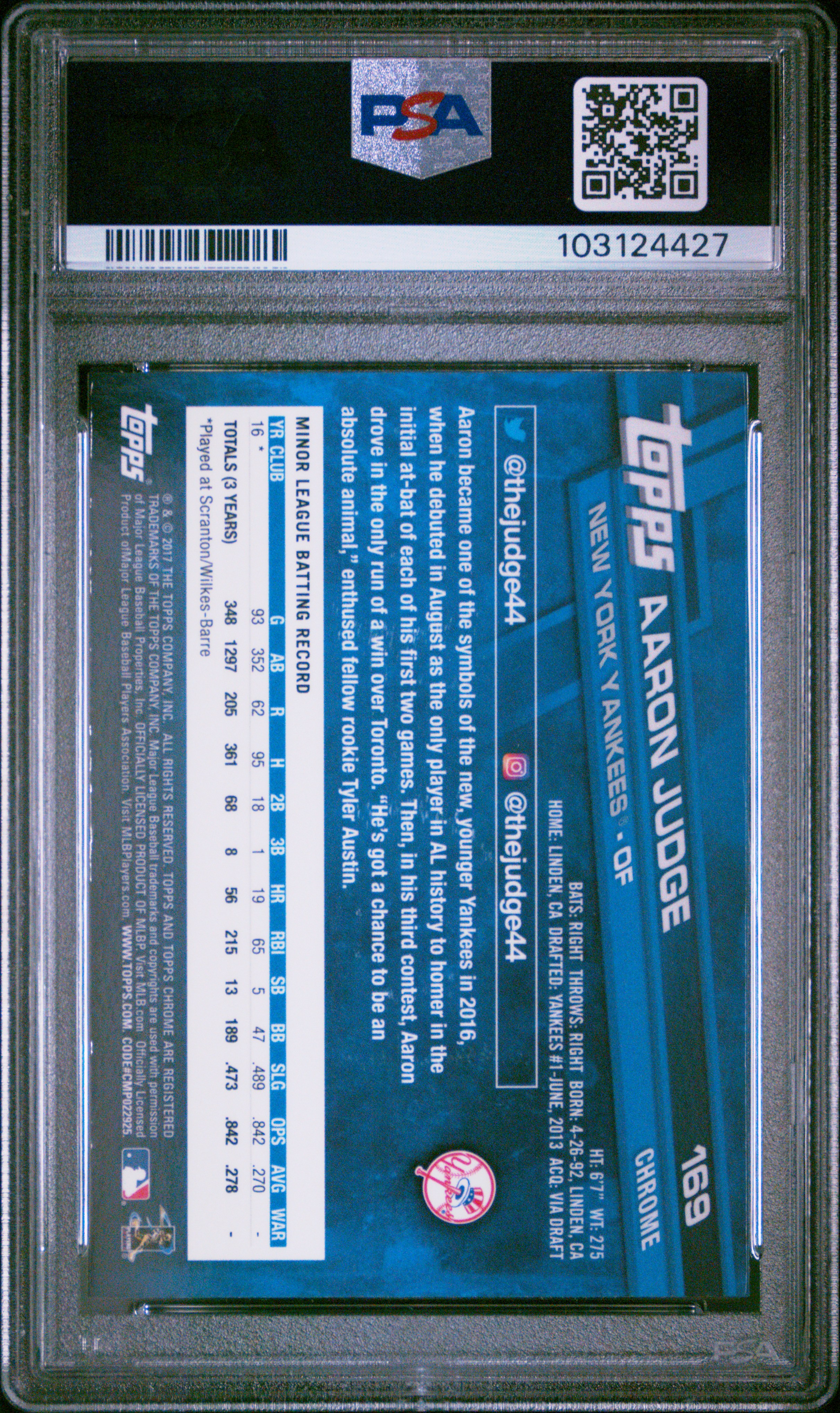 2017 Topps Chrome Aaron Judge #169 Gem Mt 10 back