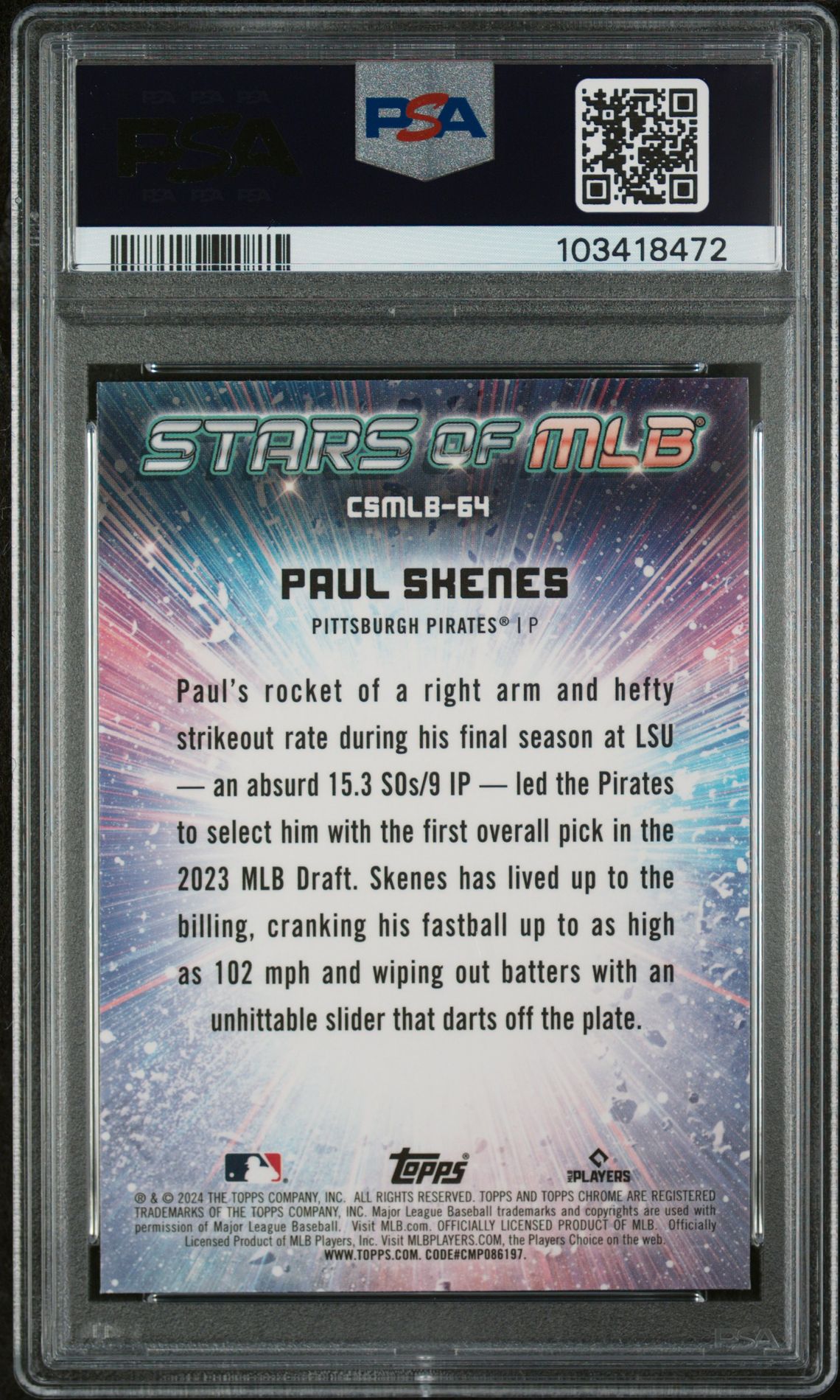2024 Topps Stars Of Mlb Chrome Paul Skenes #Csmlb64 (Update) Gem Mt 10 back