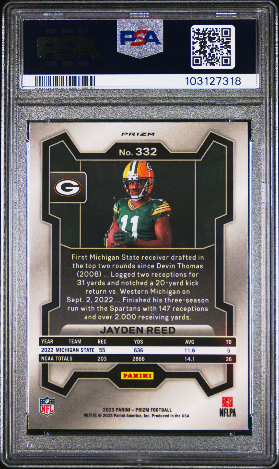 2023 Panini Prizm Jayden Reed #332 (Variation) Gem Mt 10 back