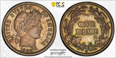 1908-S 10C AU55