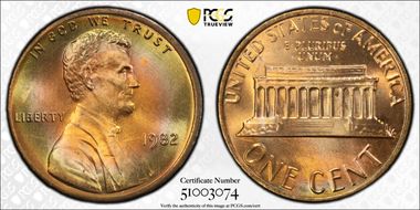 1982 1C Bronze, Small Date MS66RB
