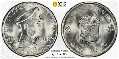 1947-S Peso Douglas MacArthur KM-185  Ag MS65