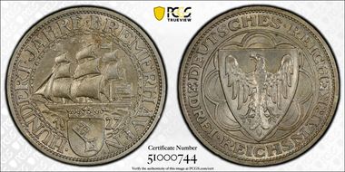 1927-A 3 Mk Bremerhaven J-325 MS63