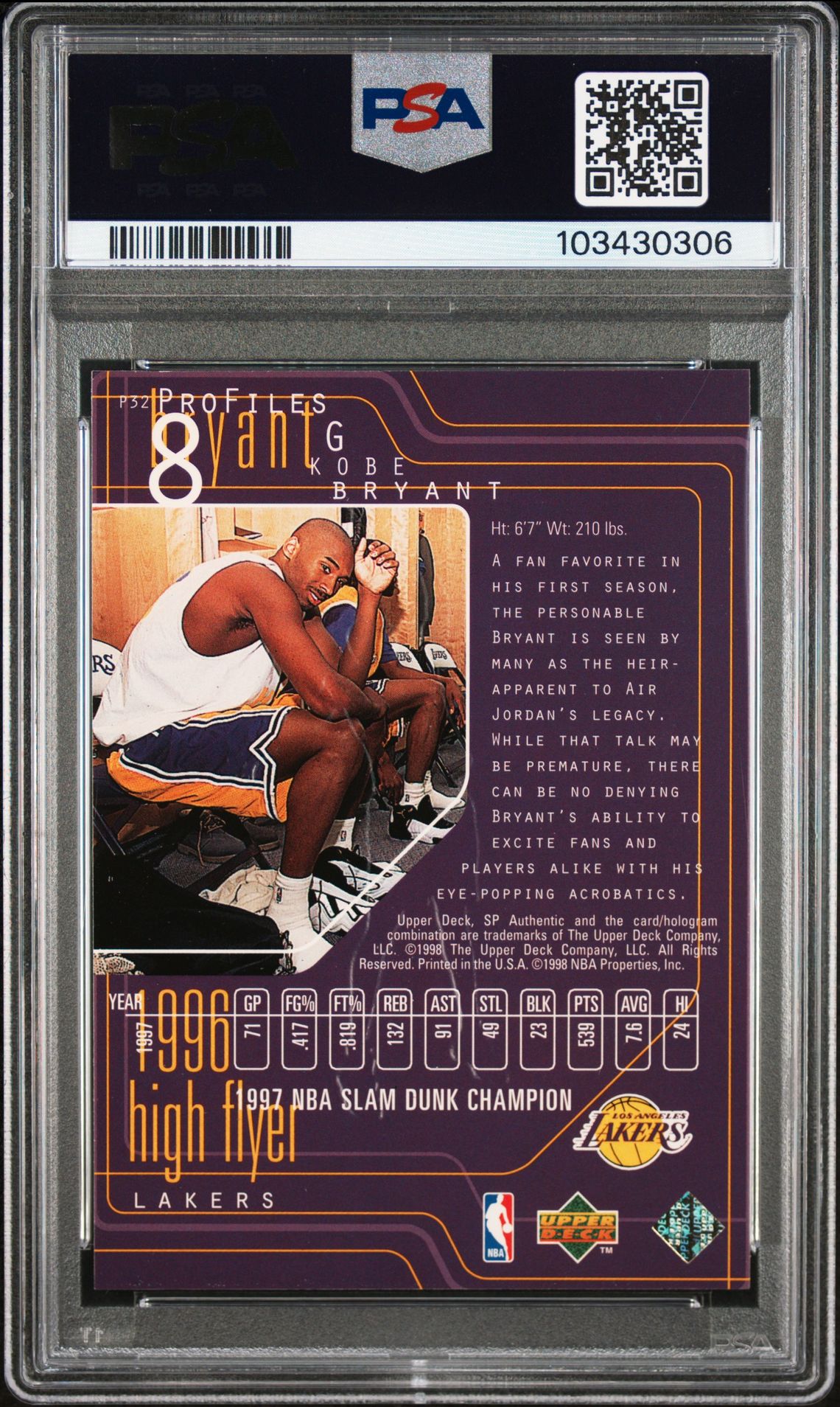 1997 Sp Authentic Profiles Kobe Bryant #P32 (Profiles Ii) Nm-Mt 8 back