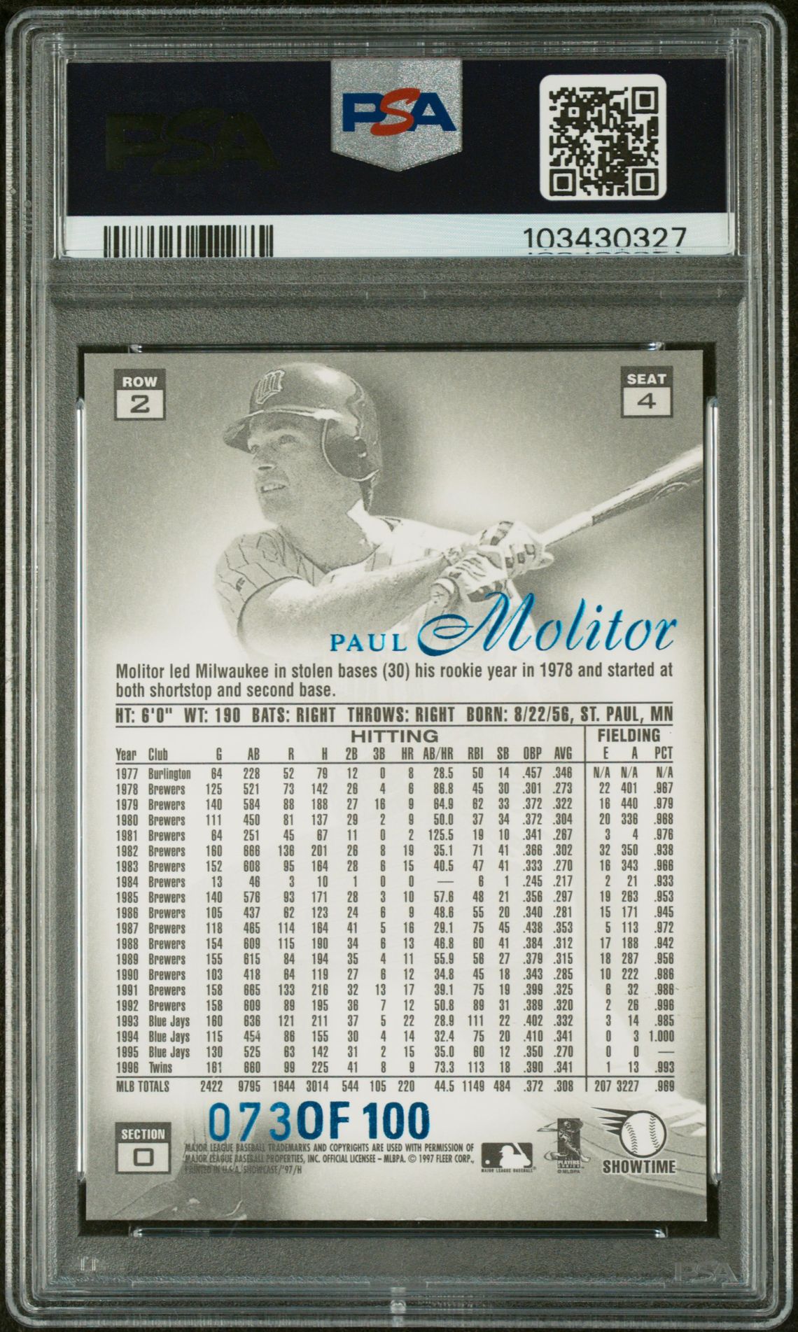 1997 Flair Showcase Legacy Collection Paul Molitor #4 (Legacy Collection-Row 2) Mint 9 back