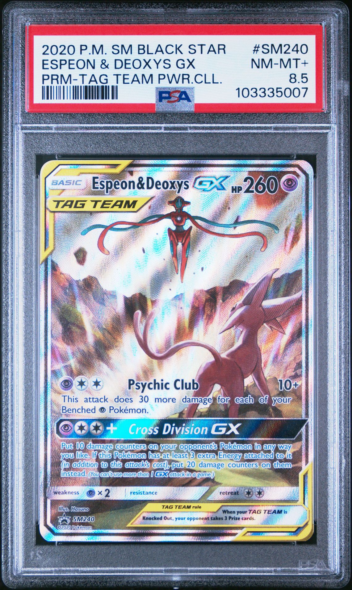2020 Pokemon Sm Black Star Promo Espeon & Deoxys Gx #Sm240 (Prm-Tag Team Pwr.cll.) Nm-Mt+ 8.5 front