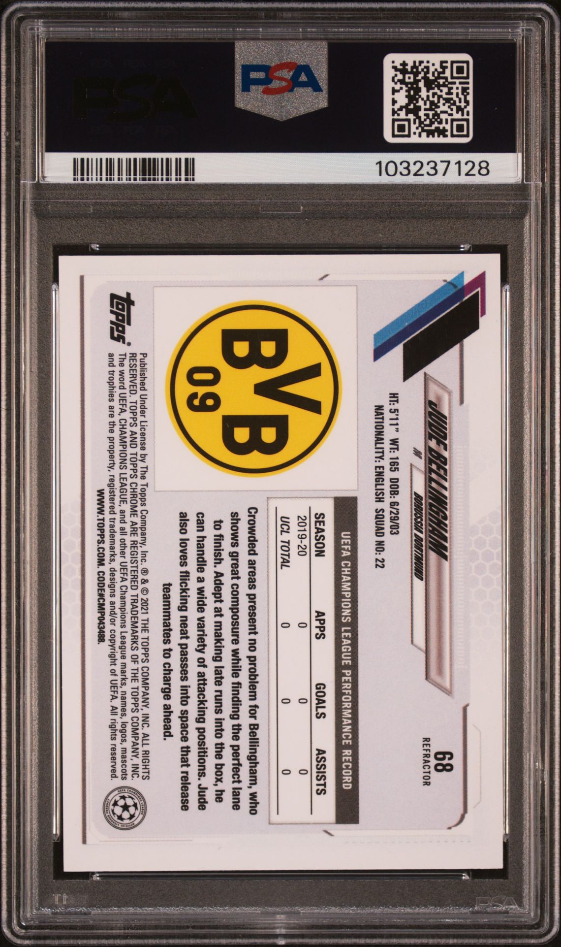 2020 Topps Chrome Uefa Champions League Jude Bellingham #68 (Refractor) Nm-Mt 8 back