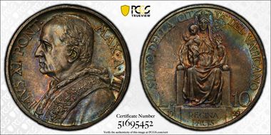 1929 10 Lire Anno VIII KM-8  Ag MS65