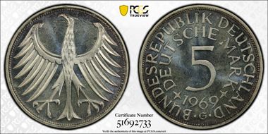 1969-G 5 Mk Regular Issue J-387 PR68CAM