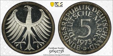 1973-D 5 Mk Regular Issue PR67CAM