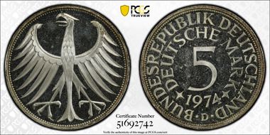 1974-D 5 Mk Kant KM-139 PR67DCAM