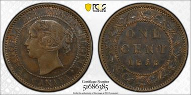 1858 1C ↑↑ Bronze, Broken Vine AU58BN