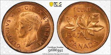 1947 1C Maple Leaf Blunt 7 MS64RD