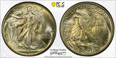 1946 50C Doubled Die Reverse MS66