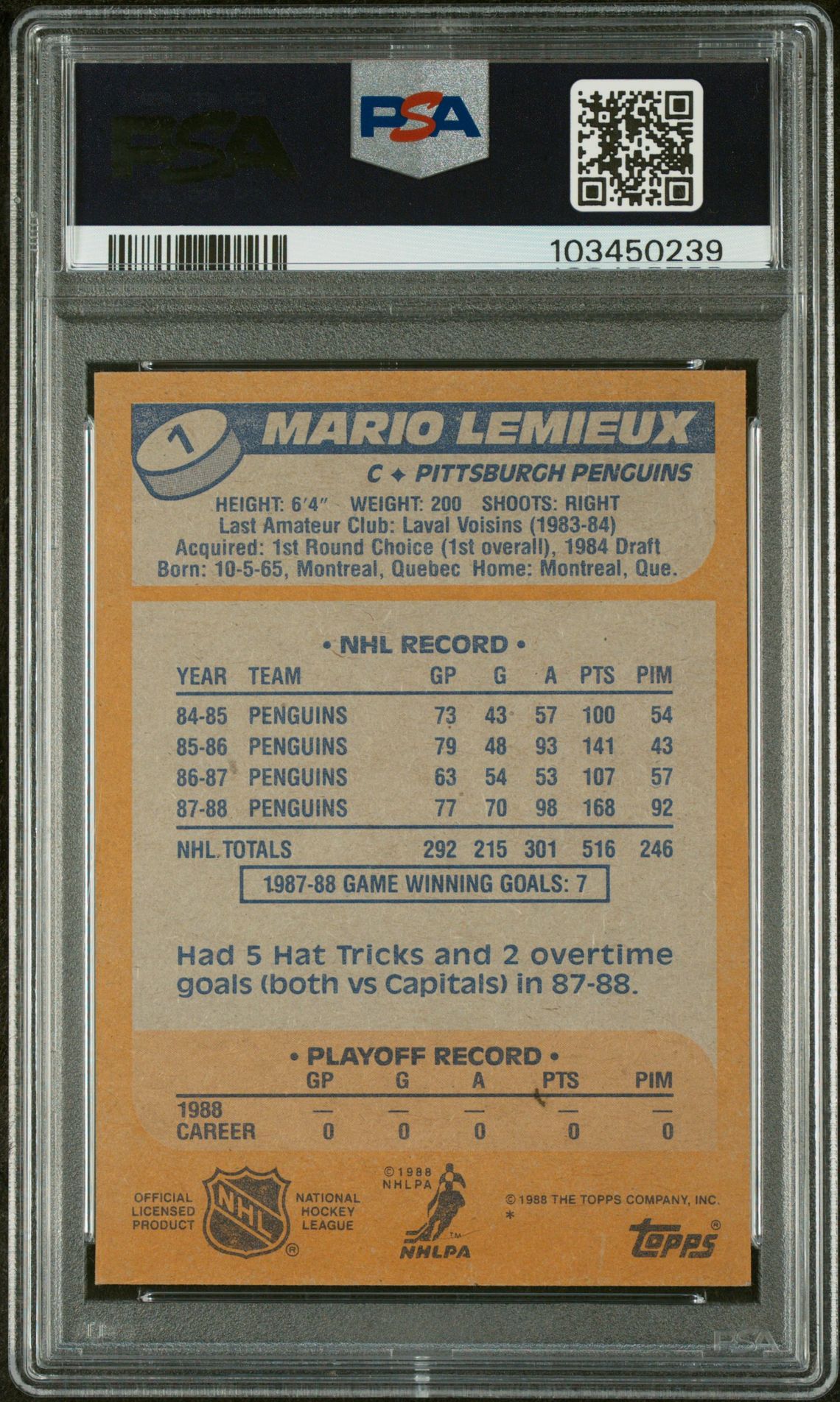 1988 Topps Mario Lemieux #1 Nm-Mt 8 back