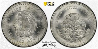 1948-Mo 5 Peso Cuauhtemoc KM-465  Ag MS67