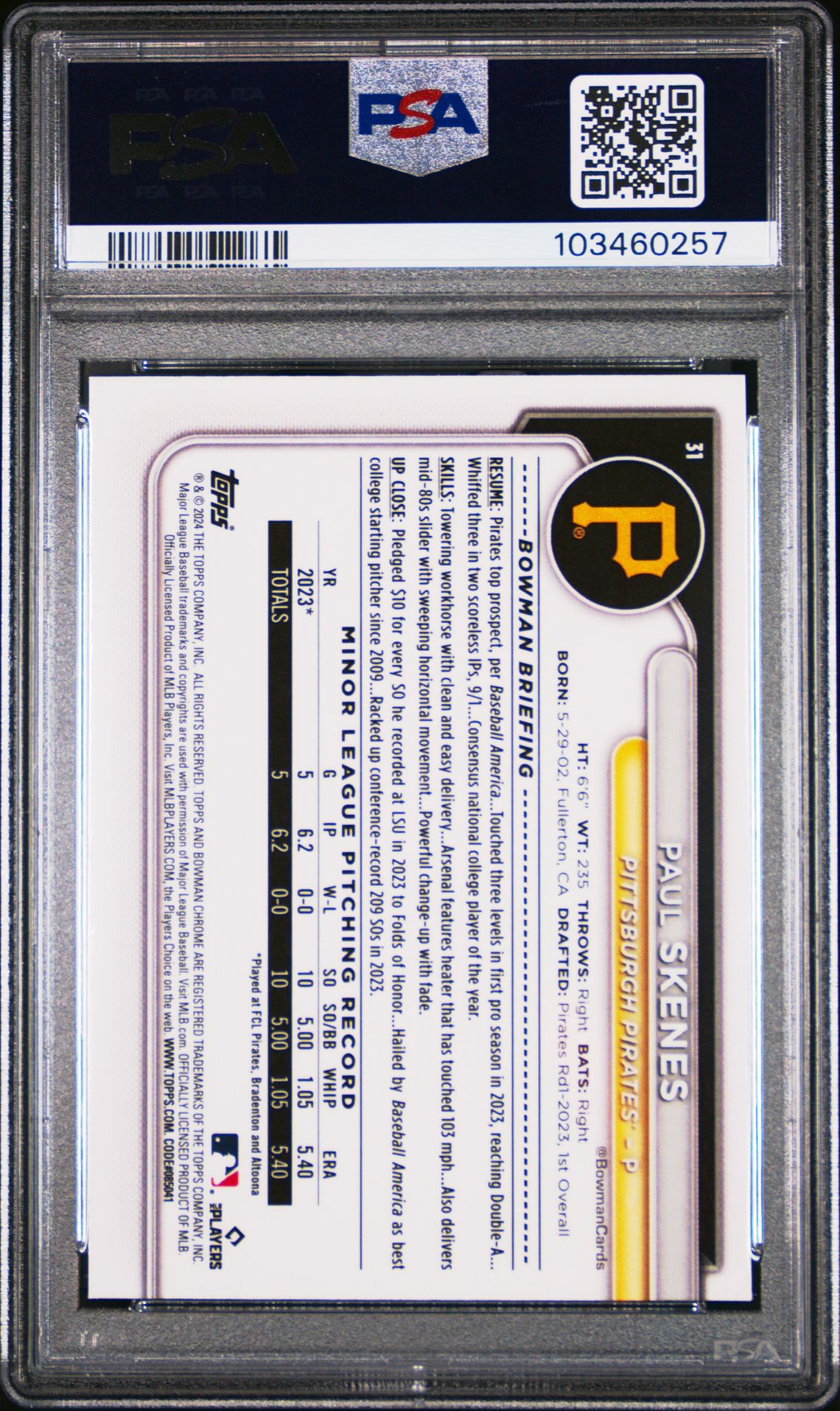 2024 Bowman Chrome Paul Skenes #31 Gem Mt 10 back