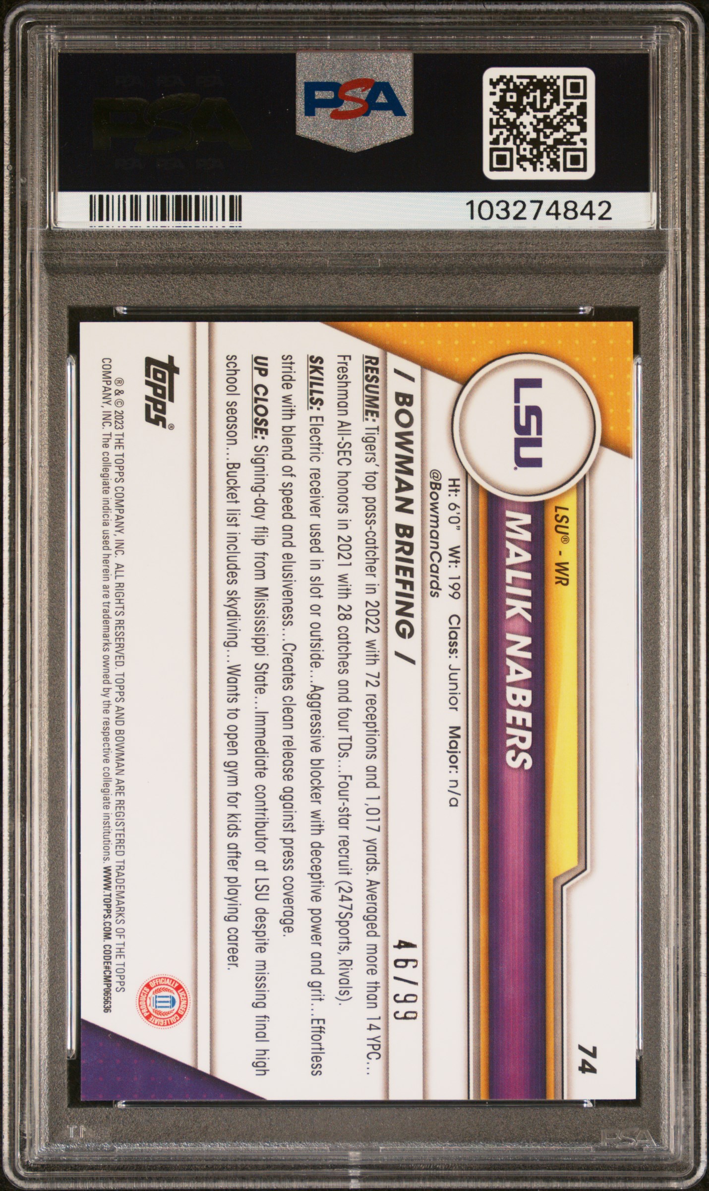 2023 Bowman University Chrome Malik Nabers #74 (Green Shimmer) Gem Mt 10 back