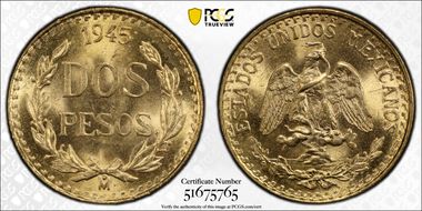 1945-Mo 2 Peso KM-461  Au MS66