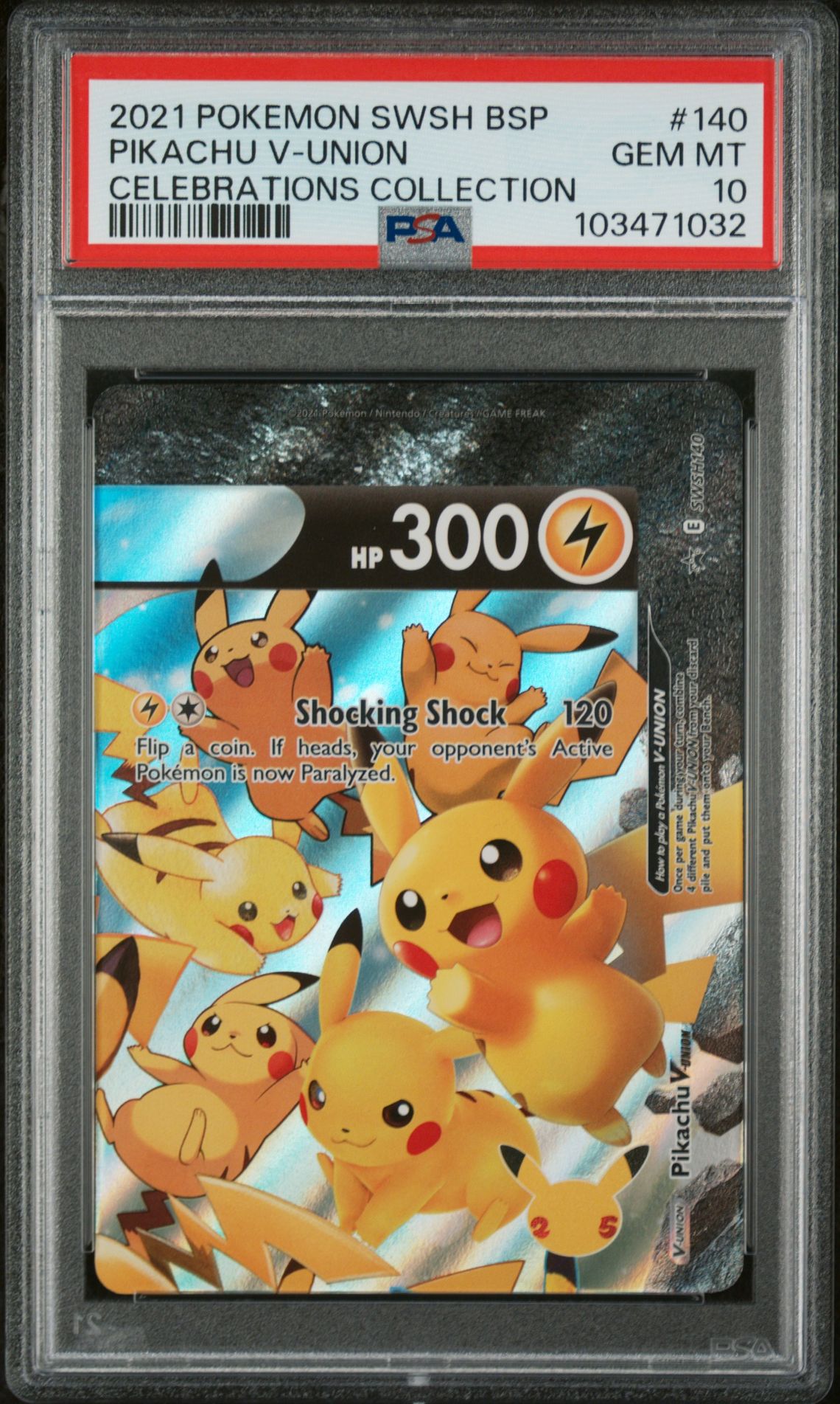 2021 Pokemon Sword & Shield Black Star Promos Pikachu V-Union #140 (Celebrations Collection) Gem Mt 10 front view - PSA graded GEM MT 10