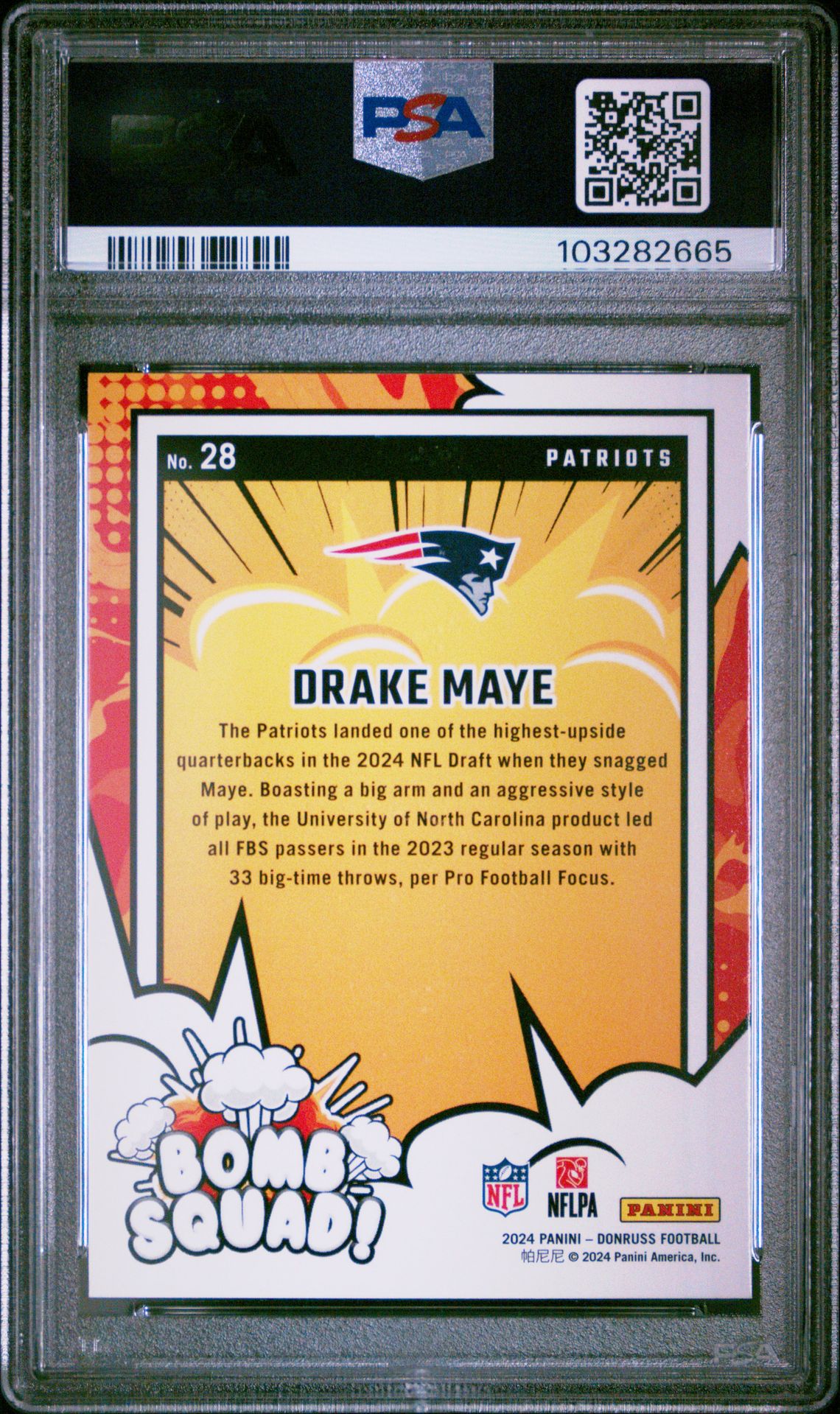 2024 Panini Donruss Bomb Squad Drake Maye #28 Gem Mt 10 back