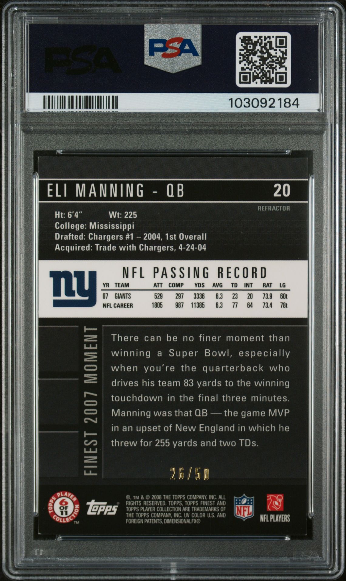 2008 Finest Eli Manning #20 (Gold Refractor) Nm-Mt 8 back