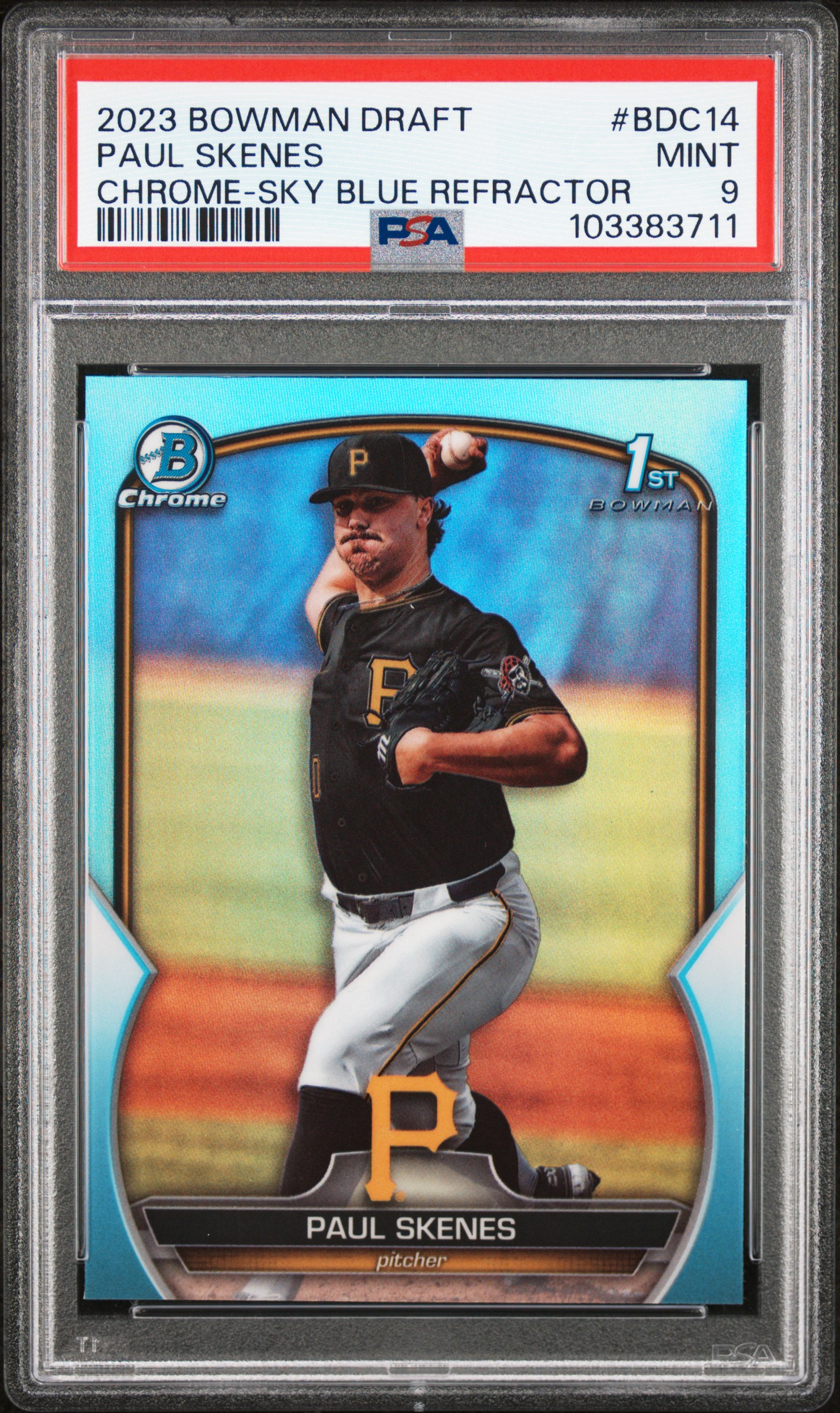 2023 Bowman Draft Paul Skenes #Bdc14 (Chrome-Sky Blue Refractor) Mint 9 front