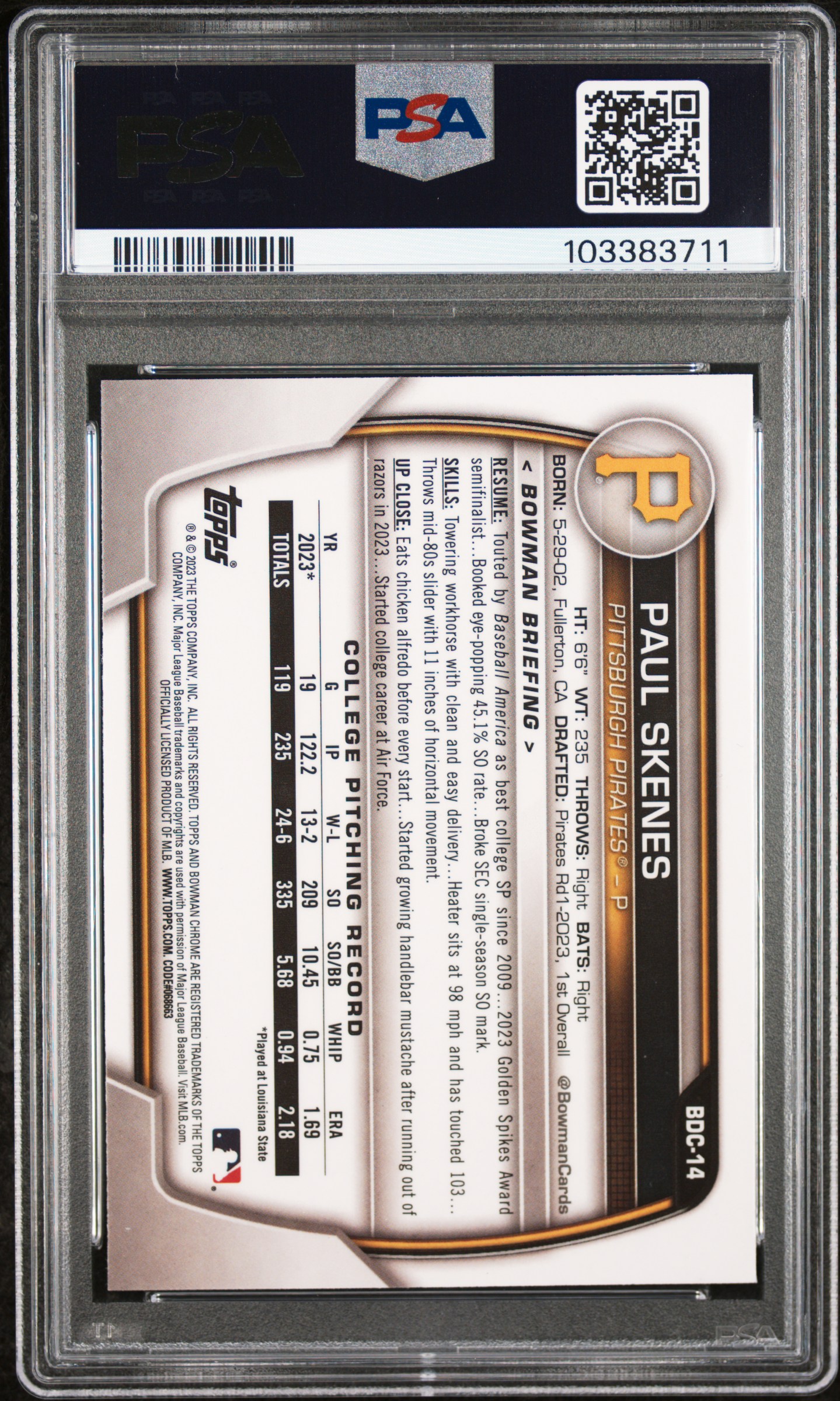 2023 Bowman Draft Paul Skenes #Bdc14 (Chrome-Sky Blue Refractor) Mint 9 back