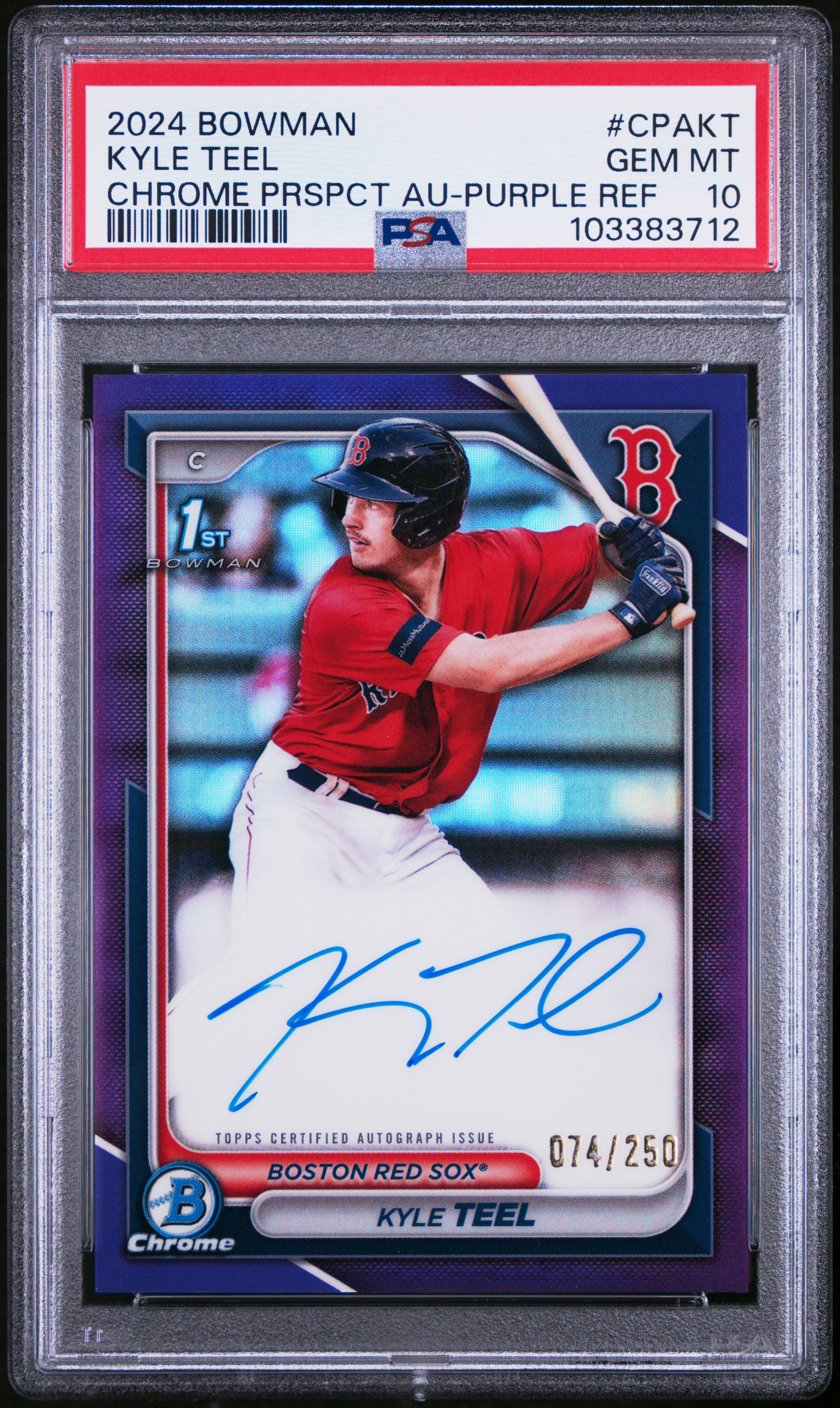 2024 Bowman Chrome Prospect Autographs Kyle Teel #Cpakt (Chrome Prspct Au-Purple Ref) Gem Mt 10 front