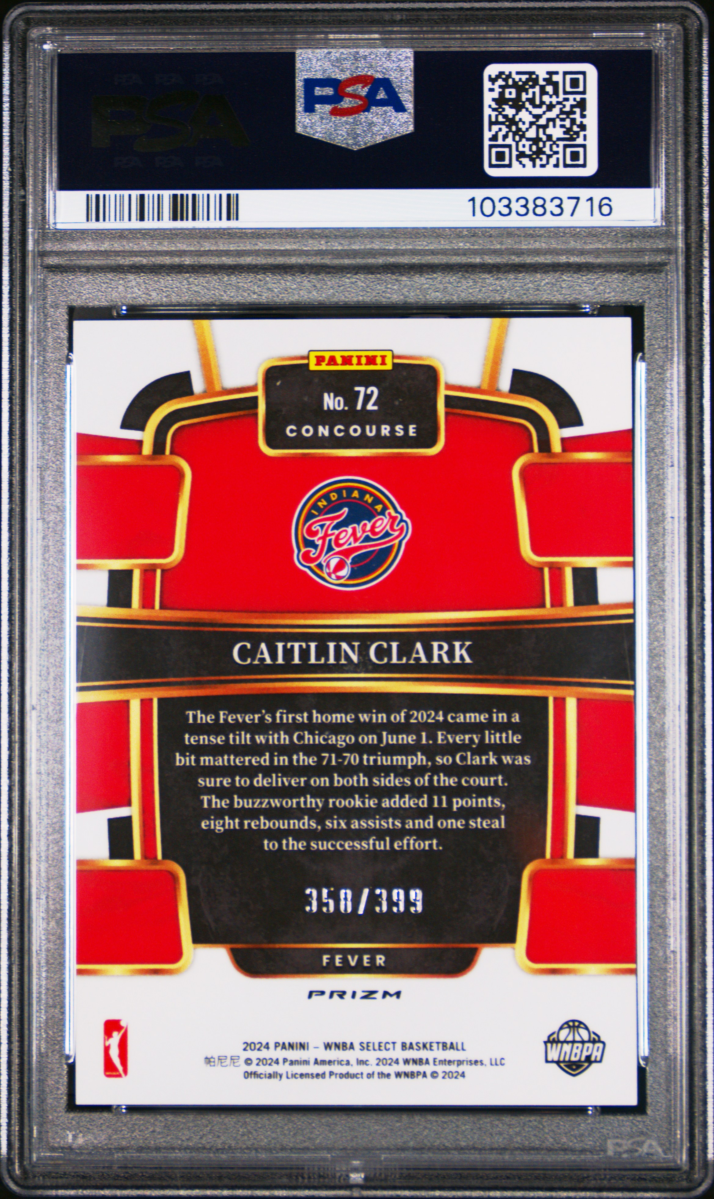 2024 Panini Select Wnba Caitlin Clark #72 (Red & Blue Prizm) Gem Mt 10 back